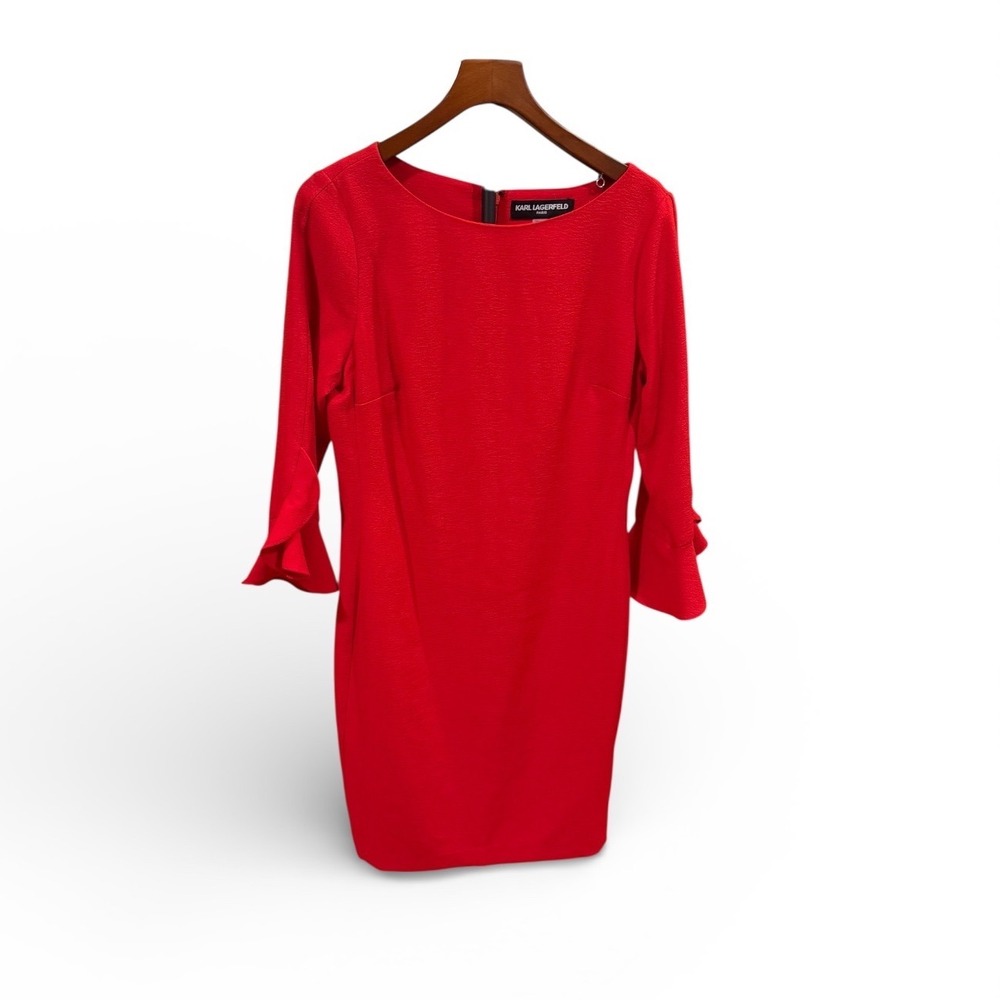 Striking Karl Lagerfeld‎ Paris Red Ruffle Sleeve Sheath Dress Boat Neck Crepe 8